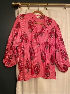 Floral Stripe Pink V-Neck Tunic Blouse